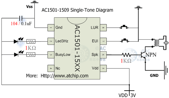 單音片系列蘭花草音樂(lè)芯片應(yīng)用電路: