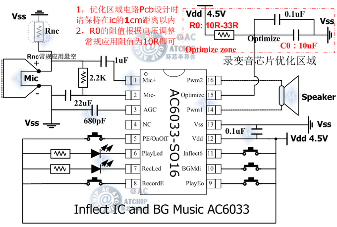 錄變音芯片三十秒帶背景音樂AC6033應(yīng)用電路( Seconds)