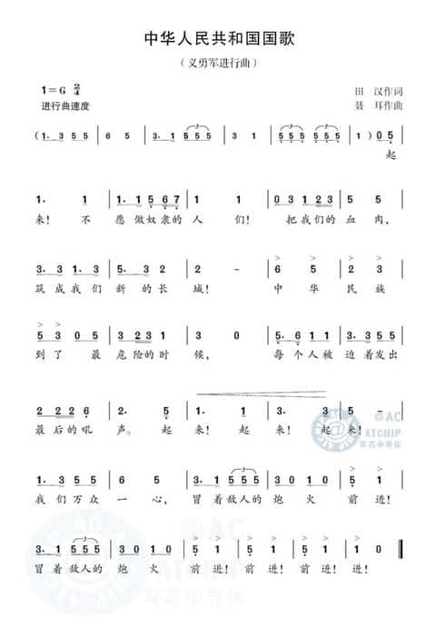 唱國(guó)歌音樂(lè)芯《義勇軍進(jìn)行曲》(簡(jiǎn)譜)資料