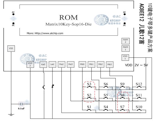 音樂(lè)芯片裸片大小規(guī)格和矩陣十鍵和弦音樂(lè)玩具接線(xiàn)原理圖